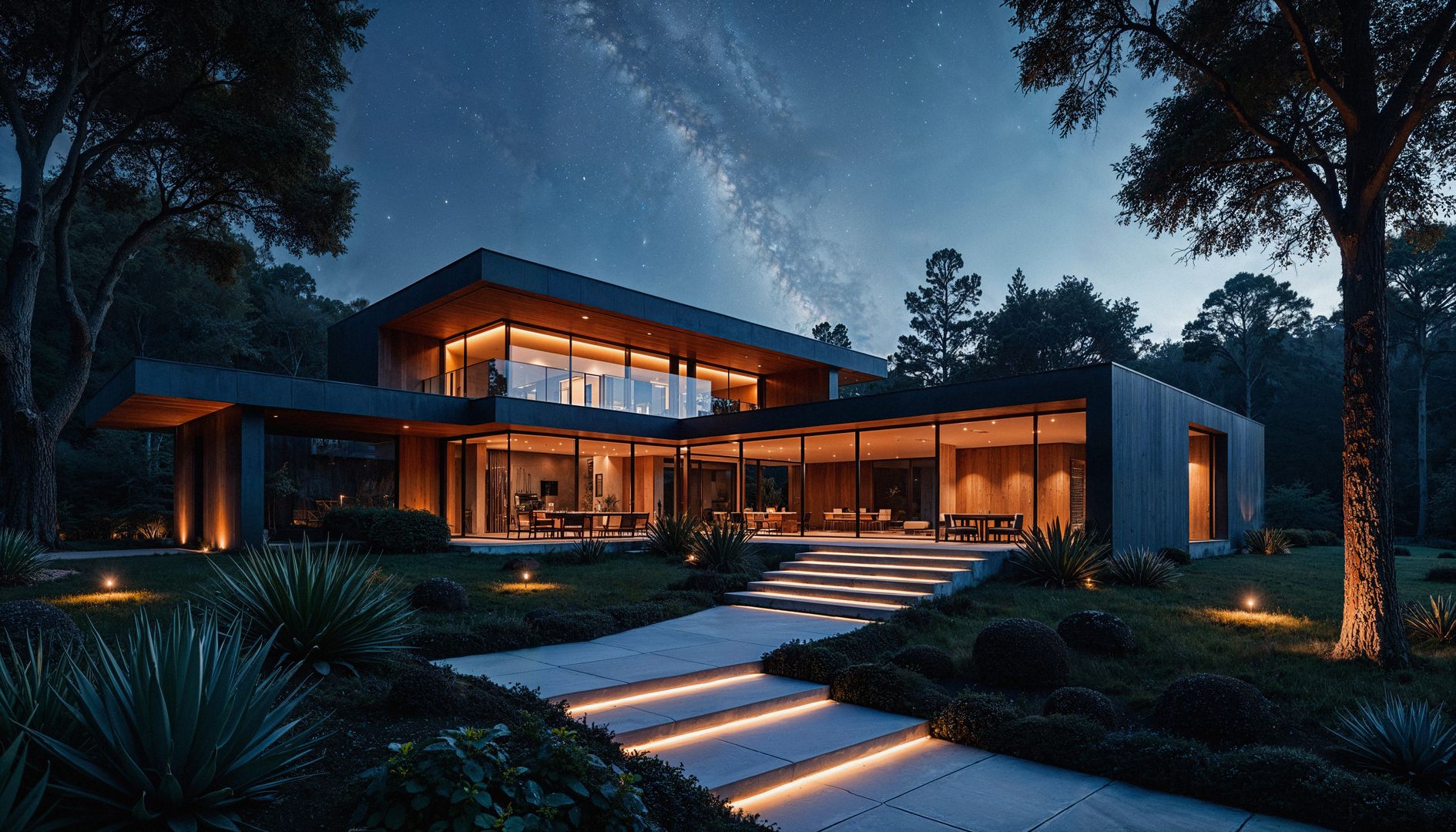 Luxury modern villa at dusk